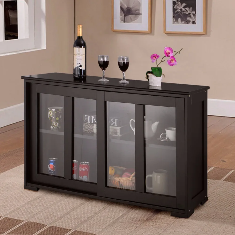 Giantex Home Storage Cabinet Sideboard Buffet Cupboard Glass Sliding Door Shelf Pantry Wood Kitchen Cabinet New HW53867