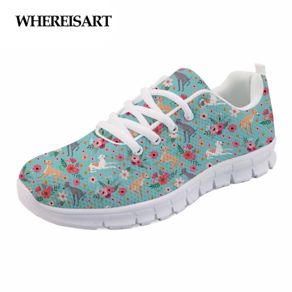 

WHEREISART 2019 Spring Women Shoes Animal Greyhound Flower 3D Printed Sport Sneaker Breathable Ladies Outdoor Walking Footwear