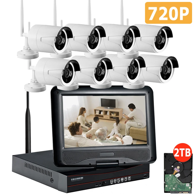 

8ch CCTV Системы Беспроводной 720 P NVR 8 шт. 1.0mp ИК Открытый P2P Wi-Fi ip-безопасности Камера Системы комплект видеонаблюдения с 10 дюймов Мониторы