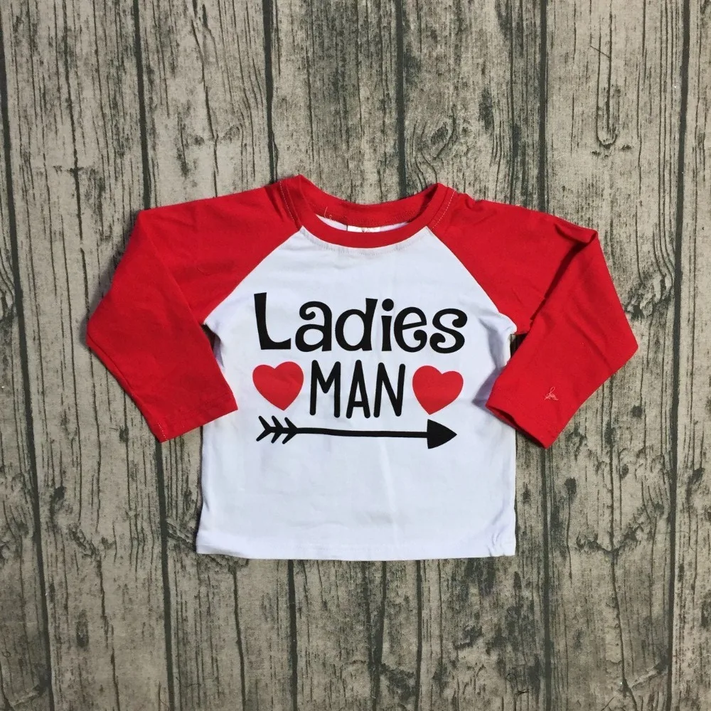 

Boys spring Valentine's Day baby boy's Ladies man print top raglans white V-day tee with red long sleeve raglans heart arrow