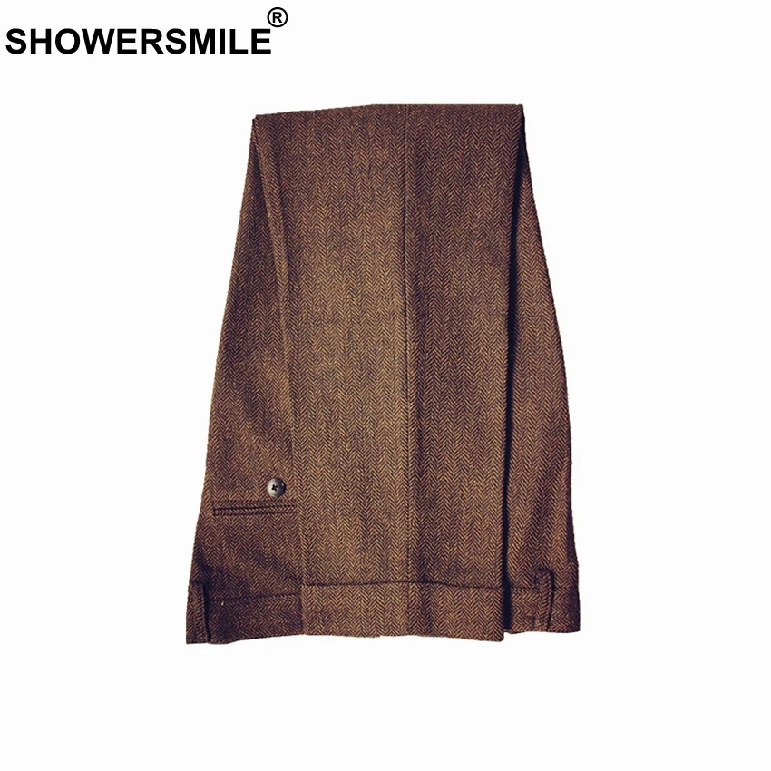 SHOWERSMILE, Классические мужские брюки, твидовые мужские шерстяные брюки, коричневые шерстяные толстые теплые брюки для зимнего костюма, облегающие мужские брюки с узором в елочку