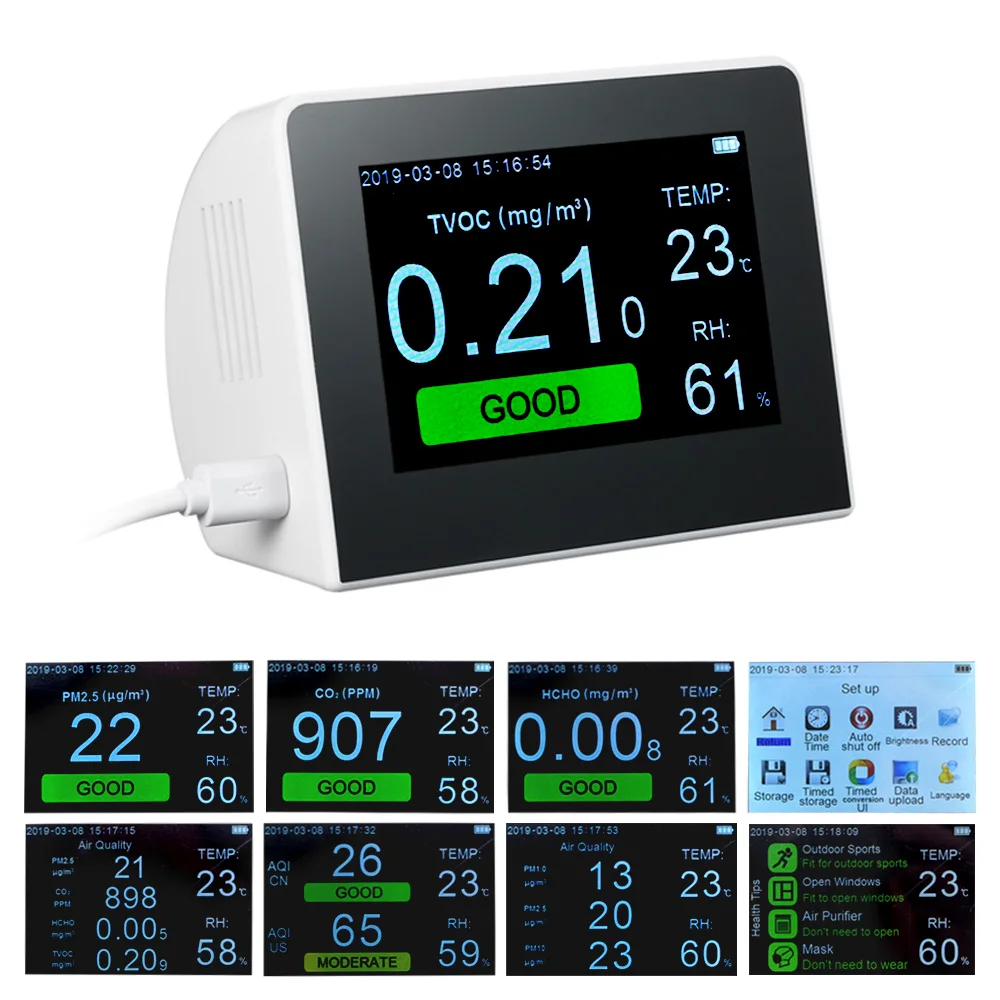 

HCHO PM1.0 PM2.5 PM10 TVOC Gas Analyzer with Temperature Humidity Meter Formaldeyde Detector Air Quality Analyzer