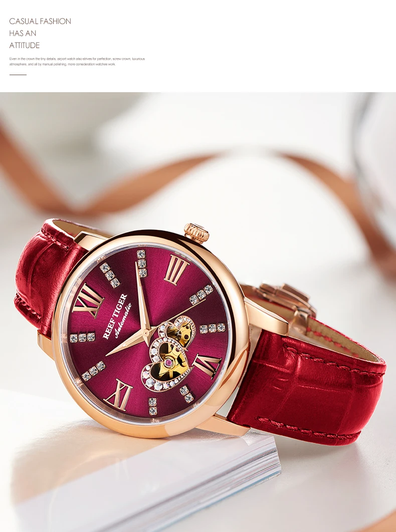 Reef Tiger/RT лучший бренд класса люкс Женские часы автоматические Модные часы Lover Подарочный розово-золотой красный часы Relogio Feminino RGA1580