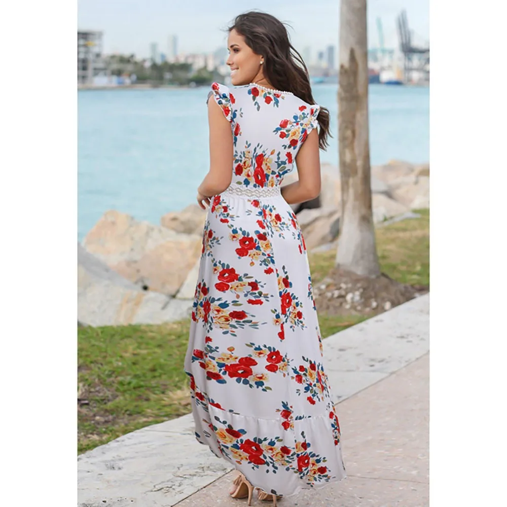 JSMY 2019 New Summer Fashion Women Petal Sleeve Lace Stitching V-neck Print Swallowtail Dress
