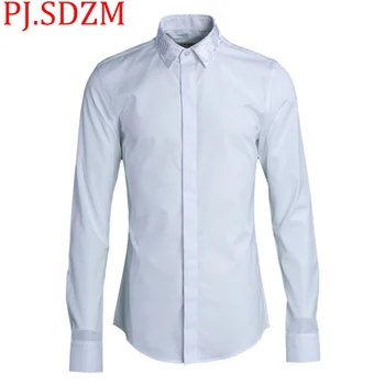 

2018 New Solid Color Abstract Square Collar Embroidery Tide Men's Shirt Four Seasons All Match Simple City Style Open Stitch
