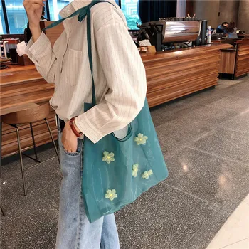 

2019 New Women's Transparent Bag Hollow Flower Shoulder Bag Simple Light Student Bag Street Shopping Package bolsos mujer
