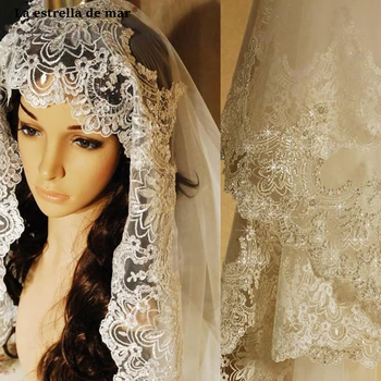 

La estrella de mar stock high quality white ivory lace crystal 3 m Cathedral Veil cheap voile mariage hot sale velo de novia