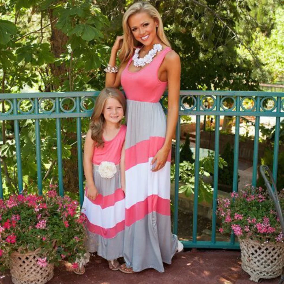 1pc Family Dress Mother Daughter Striped Floral Ankle Length Family Look Matching Clothes Mom And Daughter