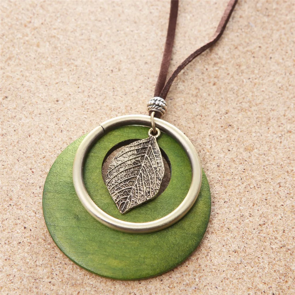 

European style women wood alloy round circle leaf pendant chain necklace chokers girlfriend fashion jewelry gift 3654