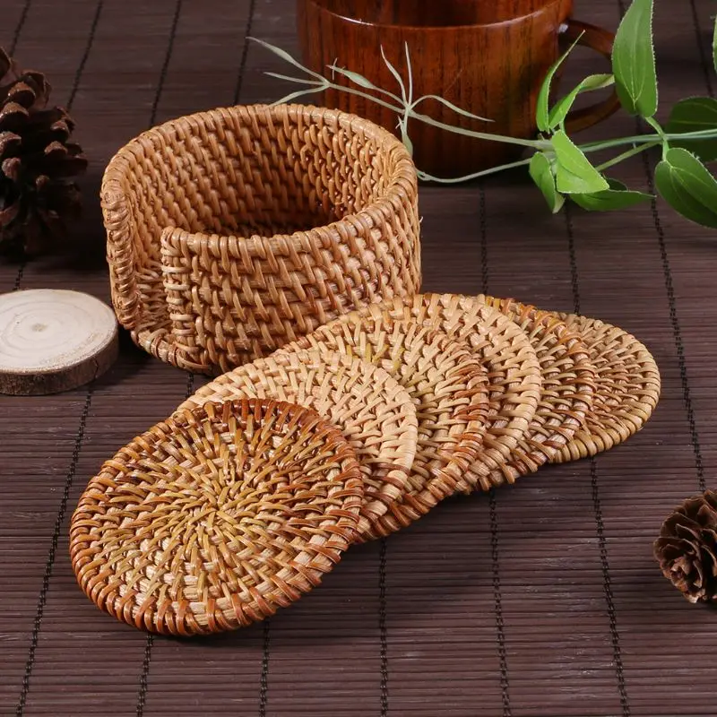 

6Pcs/Set Handmade Rattan Mat Coasters Placemat for Kungfu Tea Coffee Drinks Pot Cushion Pad Teapot Tableware