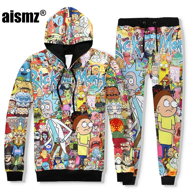 

Aismz 2 Piece Set Men Casual Tracksuits 3D Print Rick and Morty Fashion Hoodies Hooded+Pants Sweatshirt Track Suit S-XXL