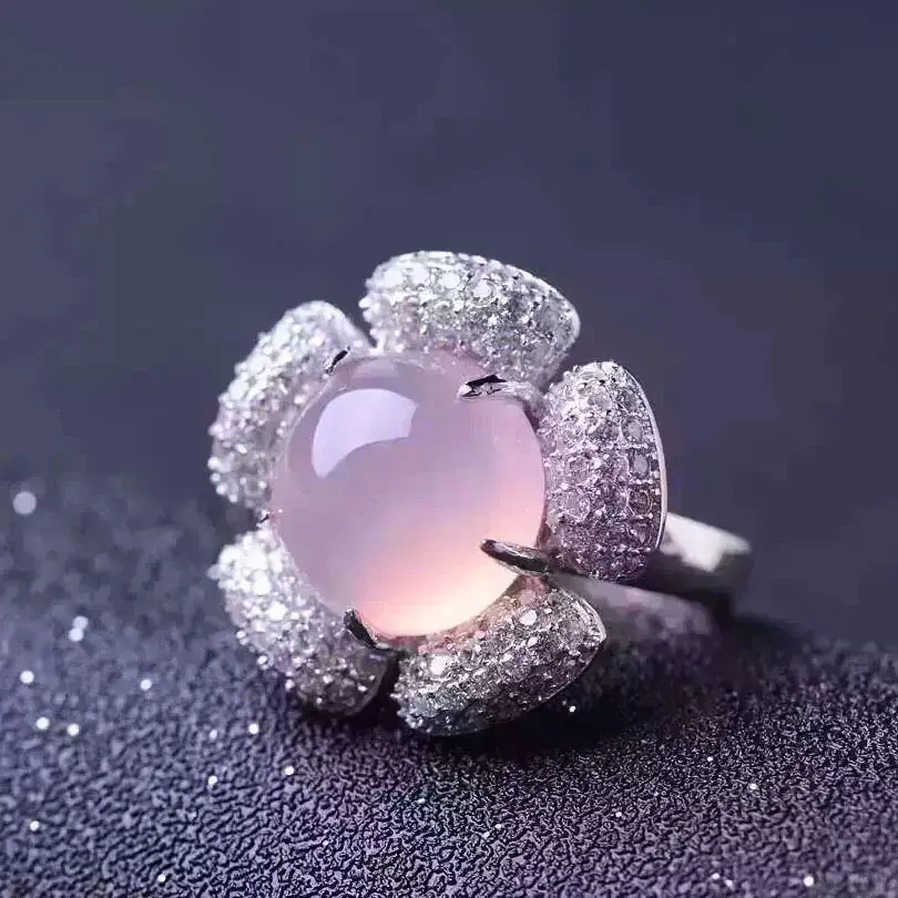 Genuine Natural Pink Chalcedony Stone Ring 925 Sterling Silver Gold Plated Woman Madam Gem Jewelry Rings