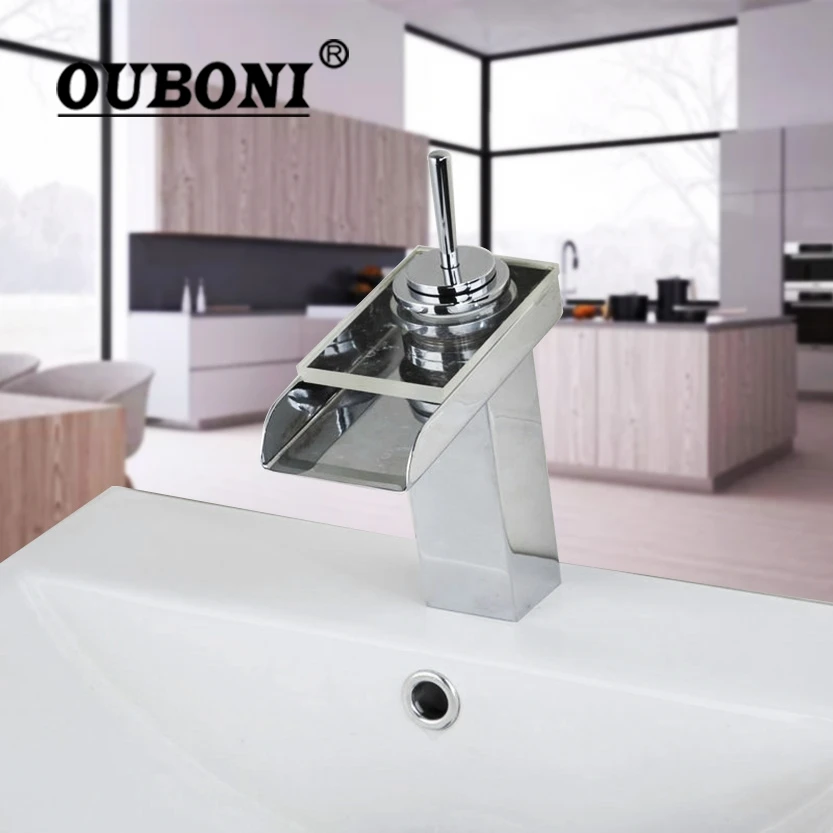 

Polished Chrome Bathroom Faucet Waterfall Spout Deck Mounted Water Crane faucet Basin Sink Mixer Tap