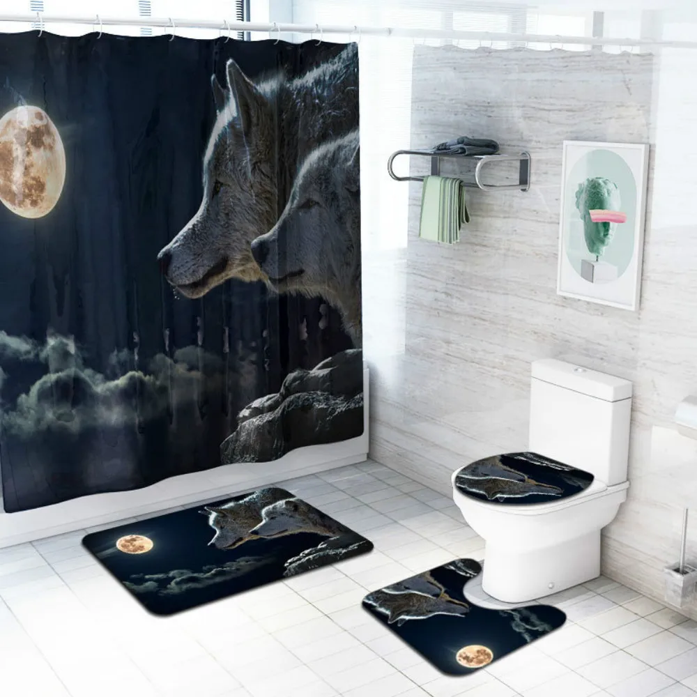 

Cilected 4Pcs/Set Animal Print Shower Curtain Carpet Tiger Lion Wolf Bathroom Waterproof Curtain Toilet Seat Cushion Slip Rugs