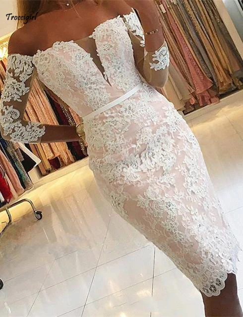 49-1            White Cocktail Dress Short With Long Sleeve Mermaid Lace Evening Gowns Formal Women Special Occasion Graduation Dress Mini Custom Made
