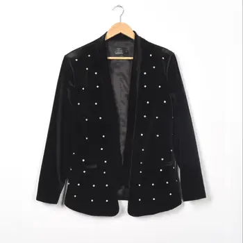 

Original men's casual black velvet encrusted with diamonds without collar host wedding photo kuaishou the same suit.