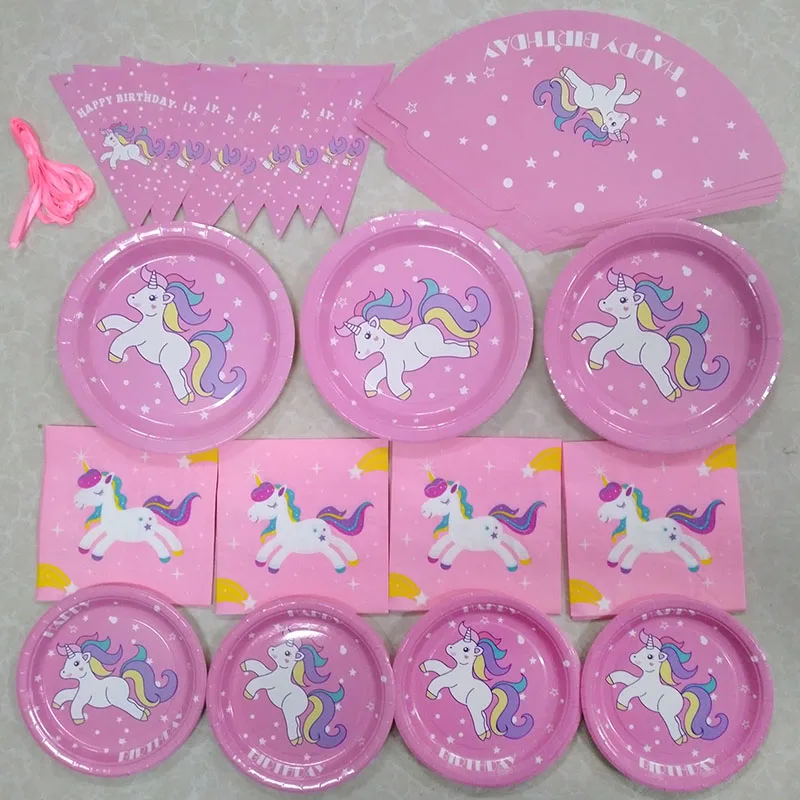 Unicorn Party Kits Pink Unicorn Plate Cup Napkins Cake Toppers For Girl Birthday Party Decorations Baby Shower Garlands Supplies