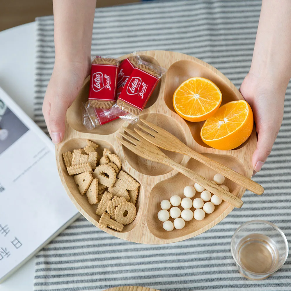 

Environmental Creative Log Tableware with Portioned Compartments High Quality Wooden Fruit Plate Round Fruit Bowl Container