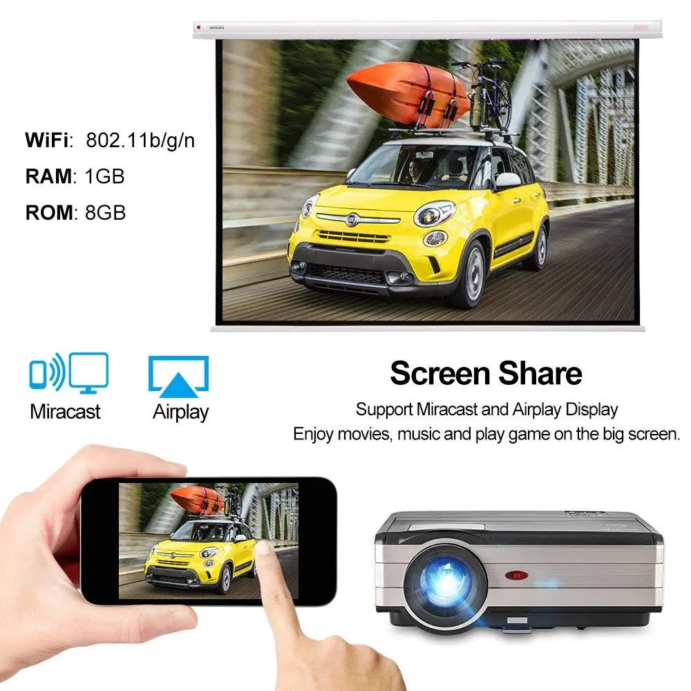 Caiwei A8/A8AB LED Android WiFi Bluetooth Проектор для домашнего кинотеатра мобильный проектор Full HD