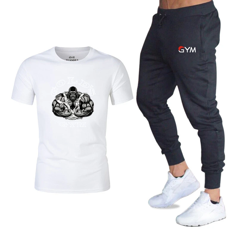 

2019 fashion casual T-shirt gyms fitness trousers men summer hot men's suit T-shirt + pants two-piece casual sportswear men