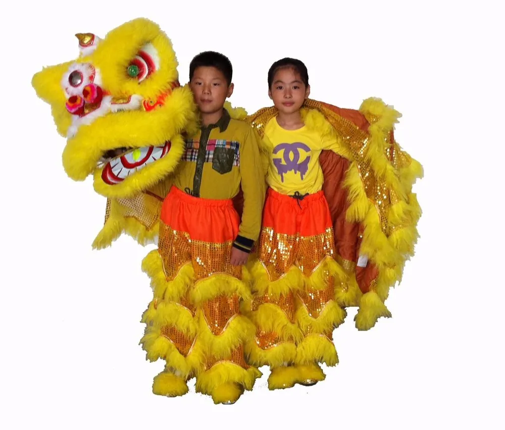 Детский костюм льва высокое качество pur танцевальный костюм льва из чистого шерсть Южная льва детский размер - Цвет: Золотой