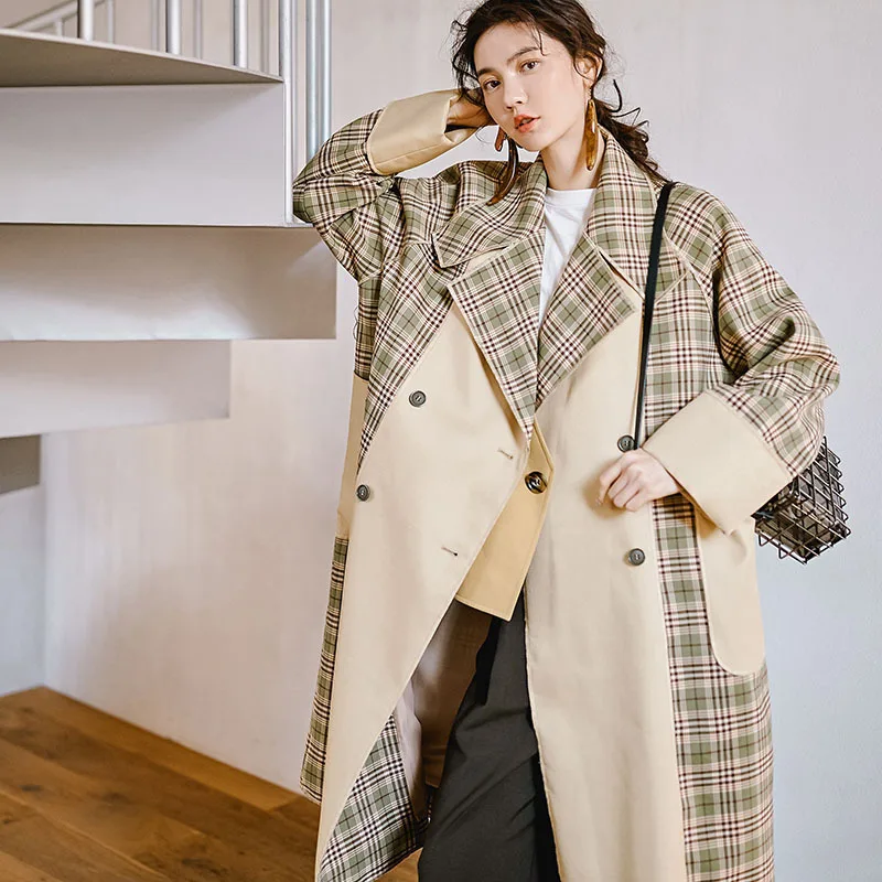 ZURICHOUSE модный бандажный тренч для женщин классическое клетчатое лоскутное пальто цвета хаки с большим отворотом весеннее длинное пальто