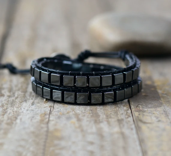 Мужские кожаные браслеты квадратный гематитовый камень 2 пряди ткачество кожаный браслет панк-браслет мужские ювелирные изделия