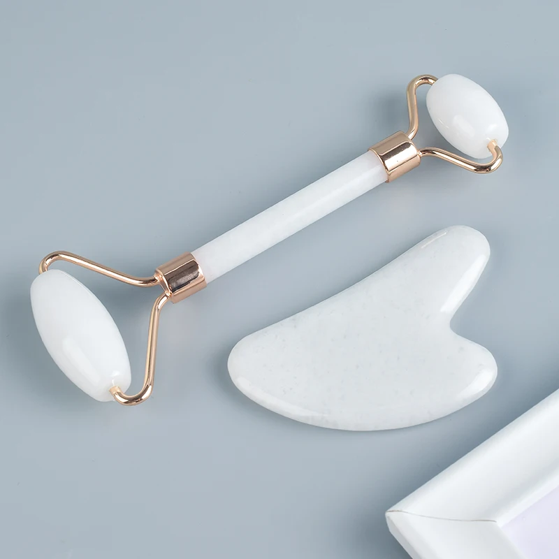 Natural Crystal Roller Gua Sha Set White Jade Acupuntura Massage SPA Therapy Back Head Foot Scraper