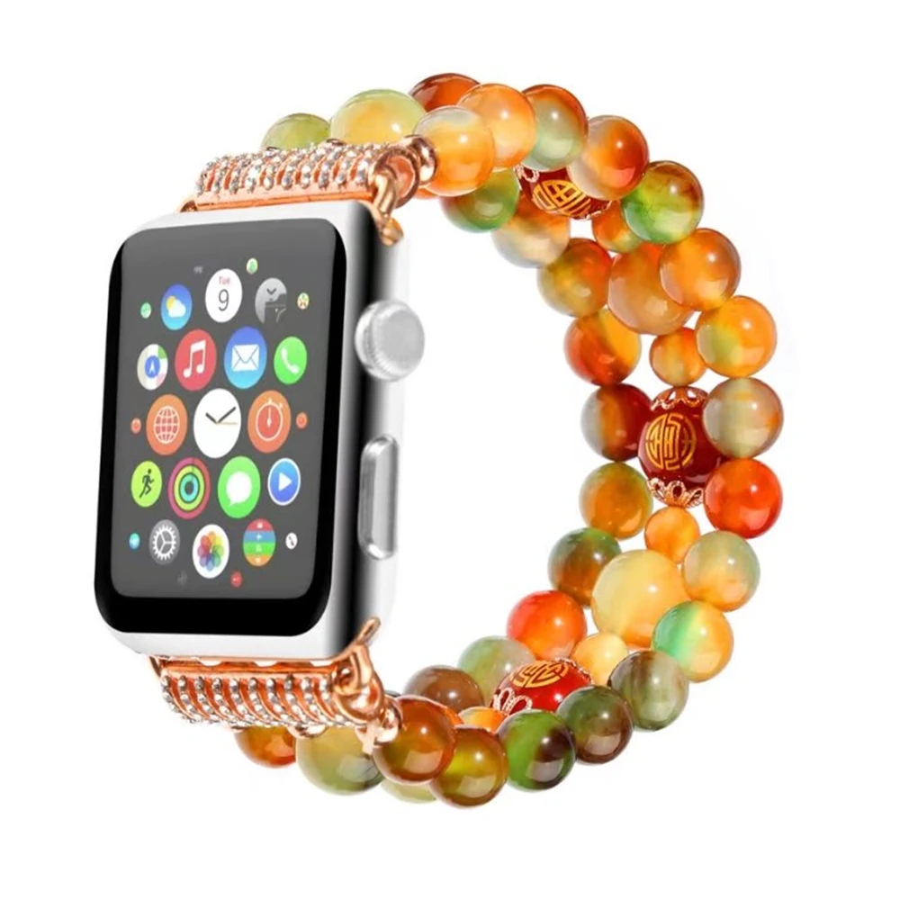 

FOLOME Natural Peacock Agate Watchband 3-Beaded Agate Bracelet Strap For Apple Watch Series 3/2/1 Handmade Elastic Stretch Bands