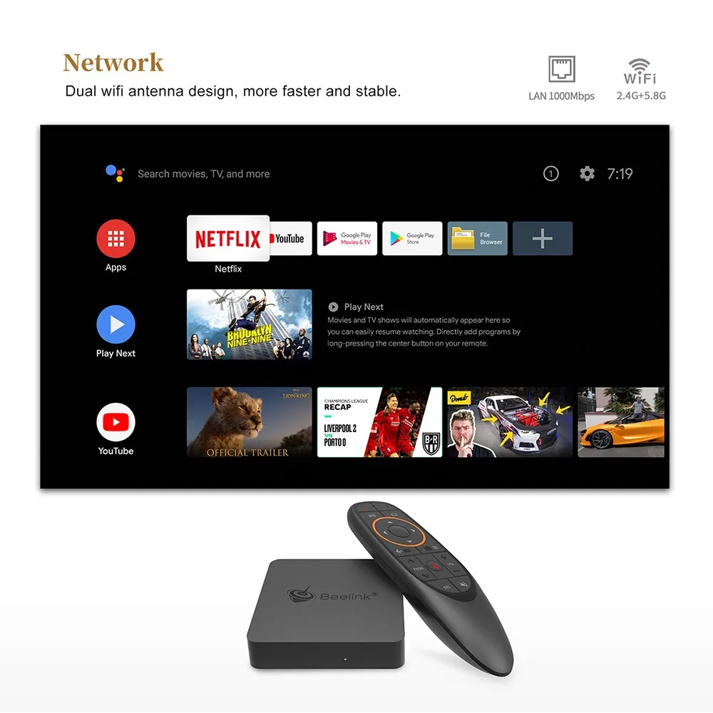 Beelink GTmini - A Smart TV Box 2.4G Voice Remote Support Netflix 4K / Amlogic S905X2 / 2.4G + 5.8G WiFi / 1000Mbps / USB3.0 / BT4.0 / VP9 / H.265 / Supports HDR10