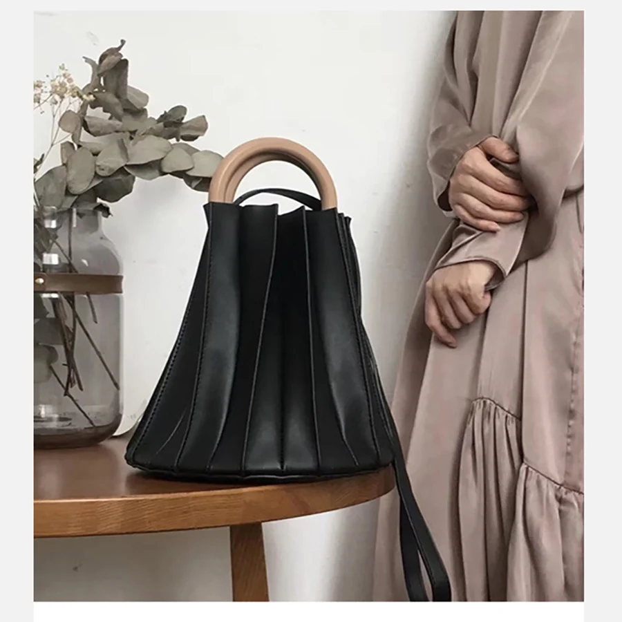 

Casual Solid Women's Folded Bucket Bags Large Capacity Handbags Ladies Round Wooden Handle Hand Bags Woman Pu Leather Tote New