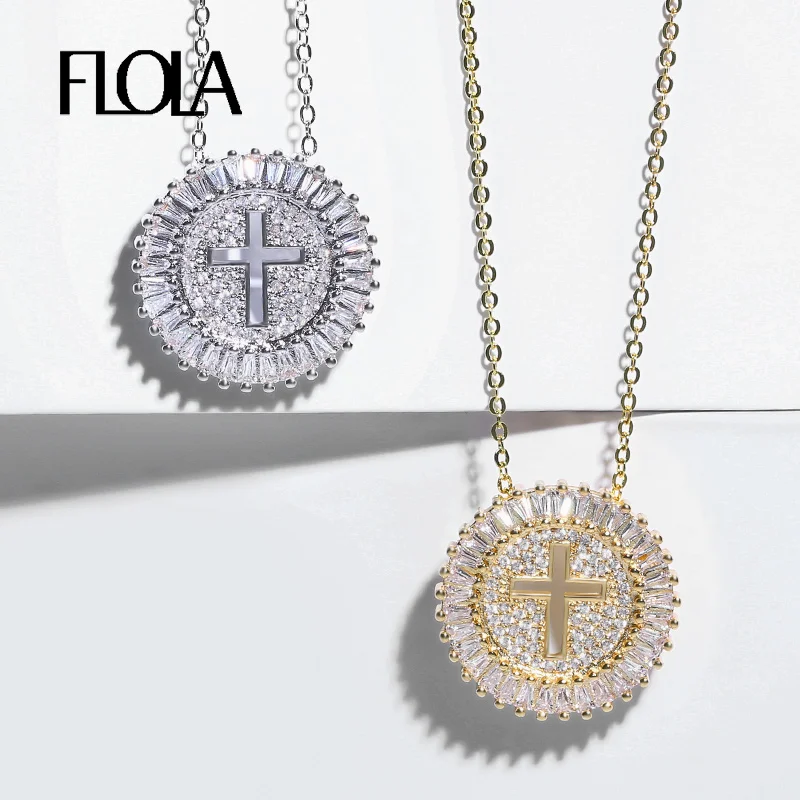 

FLOLA Cubic Zirconia Gold Cross Necklace Women with Crystal Cross Pendant Long Chain Necklace CZ Christian Jewelry nkep11