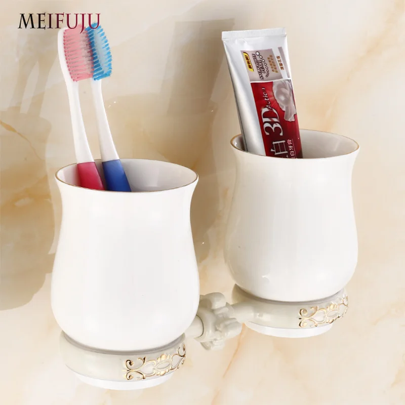 MEIFUJU Aluminum Antique Tumbler Toothpaste Toothbrush Holder with Double Ceramics Cups Tumbler Holders White Wall Mounted