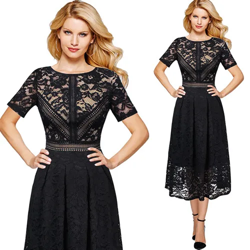 Vfemage женское винтажное платье в стиле ретро с цветочным кружевом, контрастное коктейльное платье в стиле пэчворк для свадебной вечеринки, расклешенное платье с расклешенным подолом, ТРАПЕЦИЕВИДНОЕ ПЛАТЬЕ средней длины 113 - Цвет: Black and Beige 1