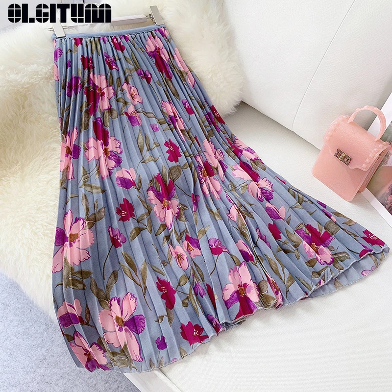 

New Drapey Korean Chiffon Skirt Women Pleated High Waist Floral Long Skirts Vintage Elegant Half Length Skirt Summer SK424