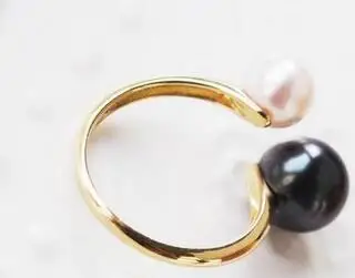 

noble 10mm 8mm round south sea white tahitian black pearl ring 14kyellow gold
