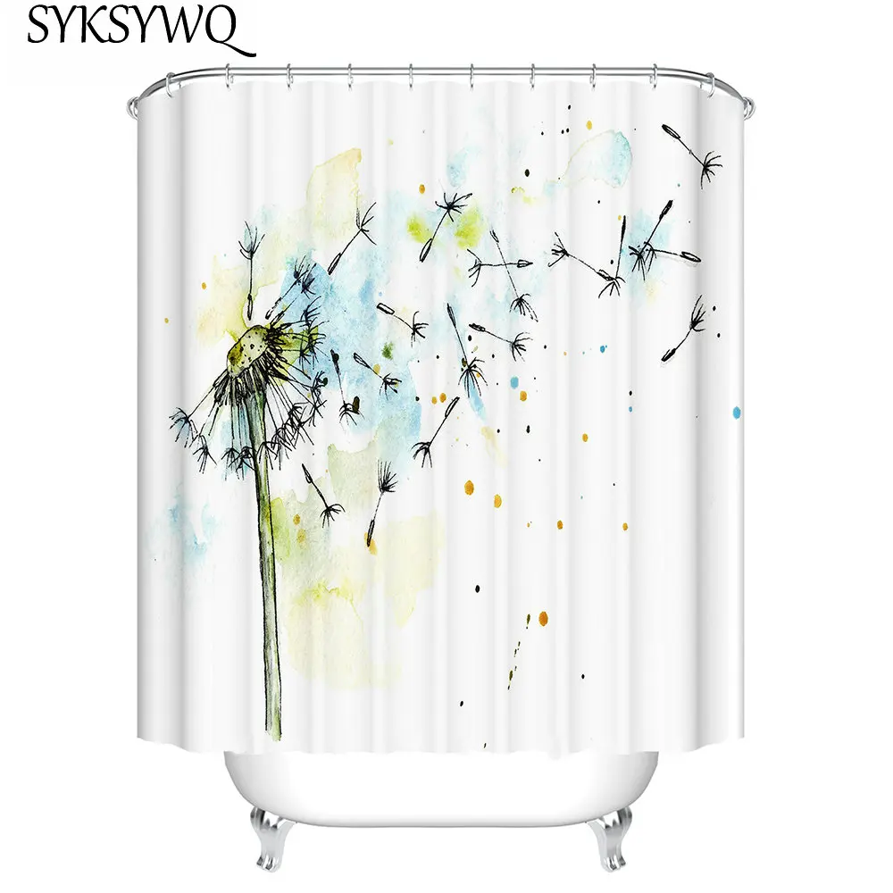 

White Shower Curtain Flower Dandelion Bathroom Curtain Douchegordijn Waterproof Fabric Painting Blue cortina ducha Bath Curtain