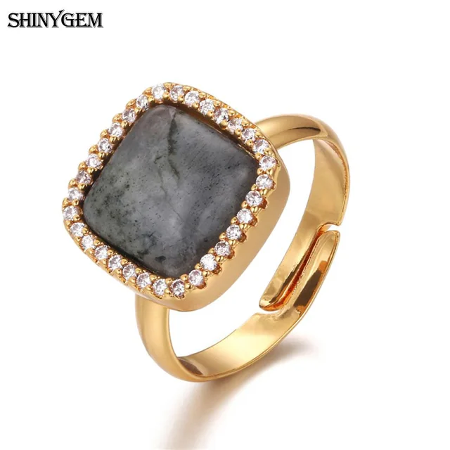 ShinyGem Natural Black Labradorite Stone Ring Big Labradorite Cabochon Fashion Love Ring Adjustable Gold Wedding Rings For Women