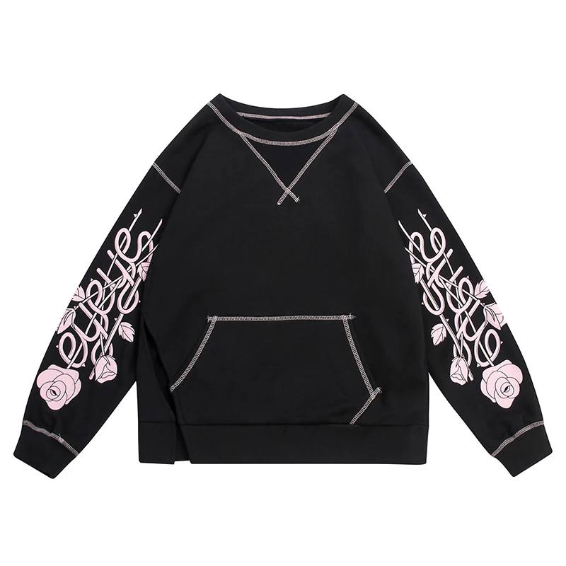 

Spring And Autumn Fashion Design Women's Long-sleeved Floral Hoodie Round Neck Black Loose Cotton Pullover 2019 New Sweatshirt