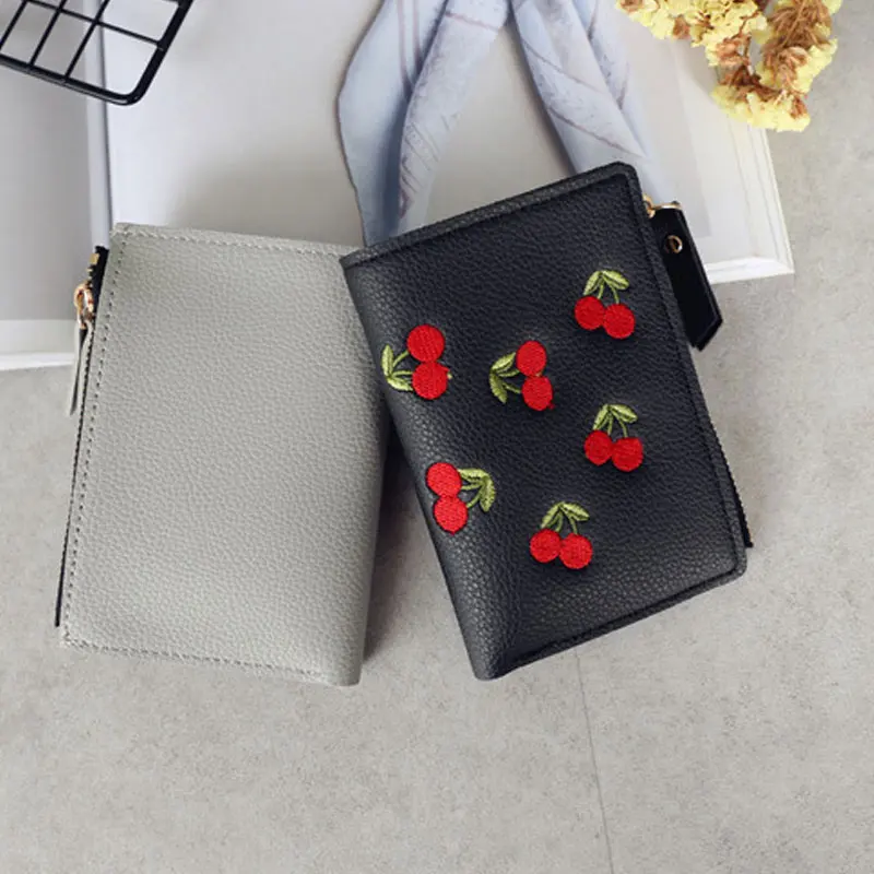 

Fashion Women Short Wallet PU Leather Cherry Embroidery Coin Purse Card Holders Lady Girl Mini Money Bag WML99