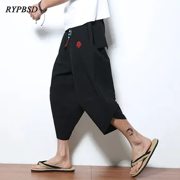 

Summer Chinese Style Vintage Embroidery Mens Linen Casual Pants Breathable Loose Plus Size Low Crotch Wide Leg Lantern Pants Men