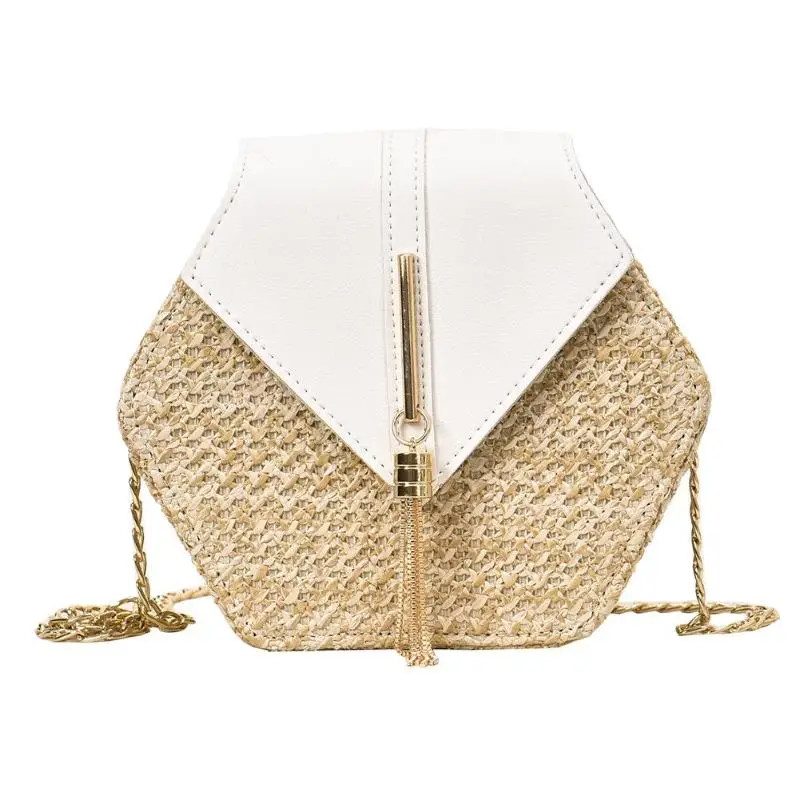Шестигранная стильная соломенная сумка на плечо, женская летняя сумка из ротанга, тканая пляжная сумка ручной работы в богемном стиле, женская сумка на цепочке, Классическая сумка через плечо - Цвет: white