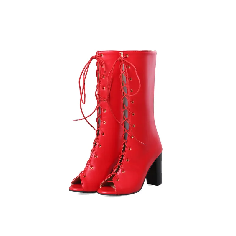 YMECHIC/ г.; летние сапоги-гладиаторы на высоком каблуке; женские сандалии; Цвет черный, красный; босоножки на высоком каблуке с открытым носком и перекрестной шнуровкой; женская обувь; большой размер 45 - Цвет: Красный
