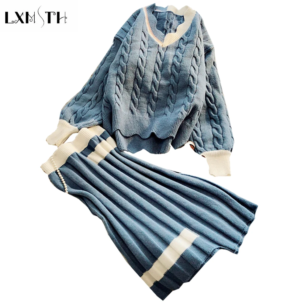 

LXNSTH 2019 New Fashion Knitting Sets Casual Knit Suits Skirt Irregular Womens Wool Suits Autumn Winter Sweater Tops Skirts Sets