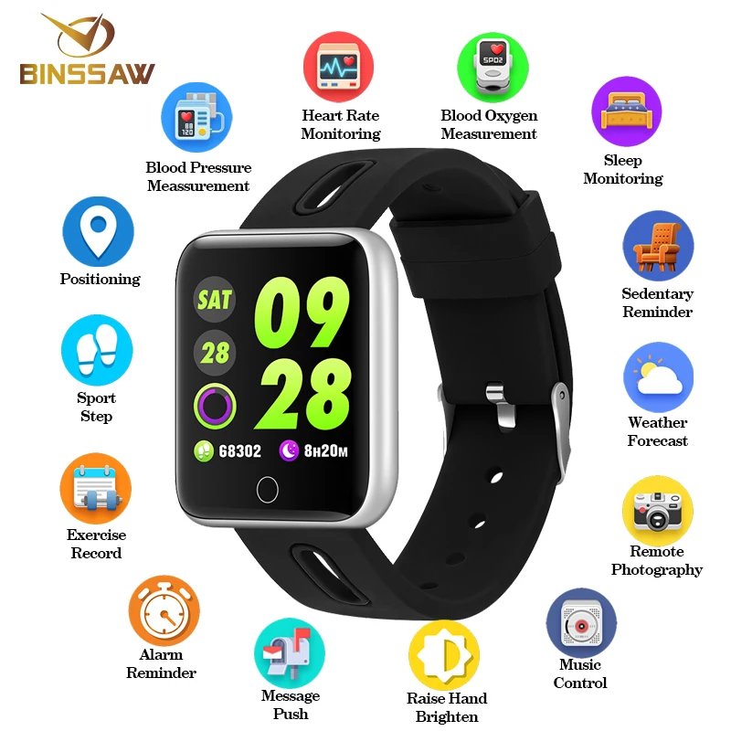 

BINSSAW Men Women Smart Watch Sport Step Blood Oxygen Bluetooth Digital Clock LED Large color Touch Screen Android IOS with Box