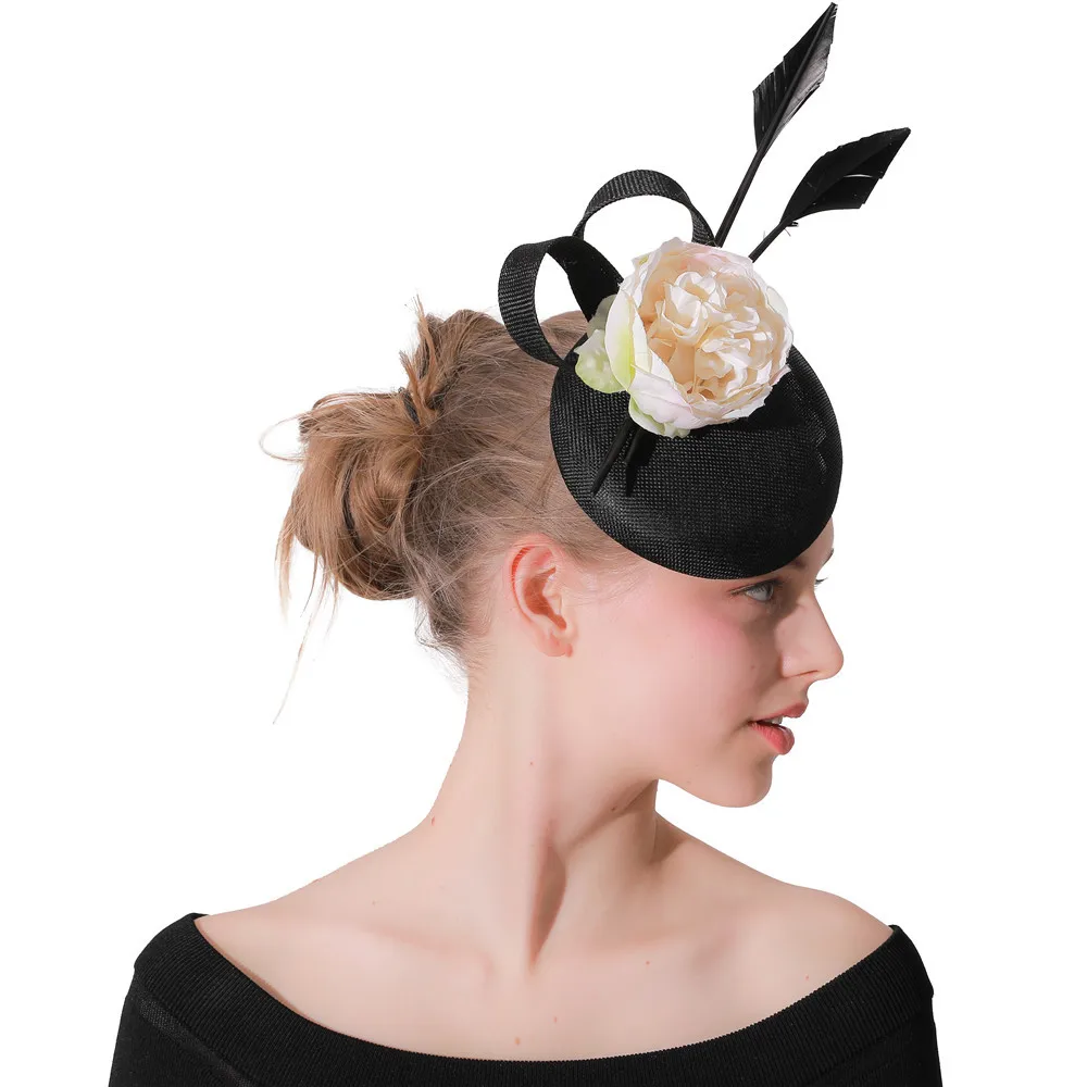 

Feather Fascinators Races Hats For Women Elegant Black Linen fascinator Hat Girls Ladies Formal Wedding Dress Hats M158