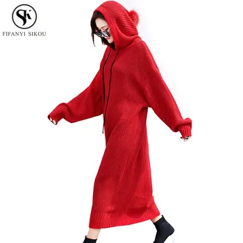 

2018 Autumn Winter New Hooded Long Knitwear Sweater dress women Solid color Casual Sweaters Thicken Warm Pullover Female LP283