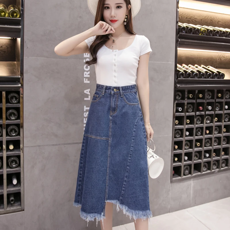 Ripped Blue Denim Skirt Women Tassel Hem Cute Denim A Line Skirts 2018 Fashion Spring Fall Girls