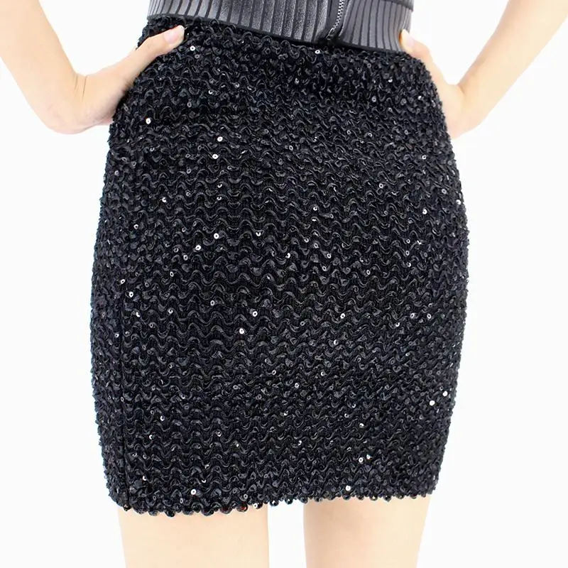 Новое поступление, женские юбки с золотыми блестками, мини-юбка, облегающая юбка-карандаш, короткая юбка с запахом для офиса, вечеринки, для девушек, Saia - Цвет: Black