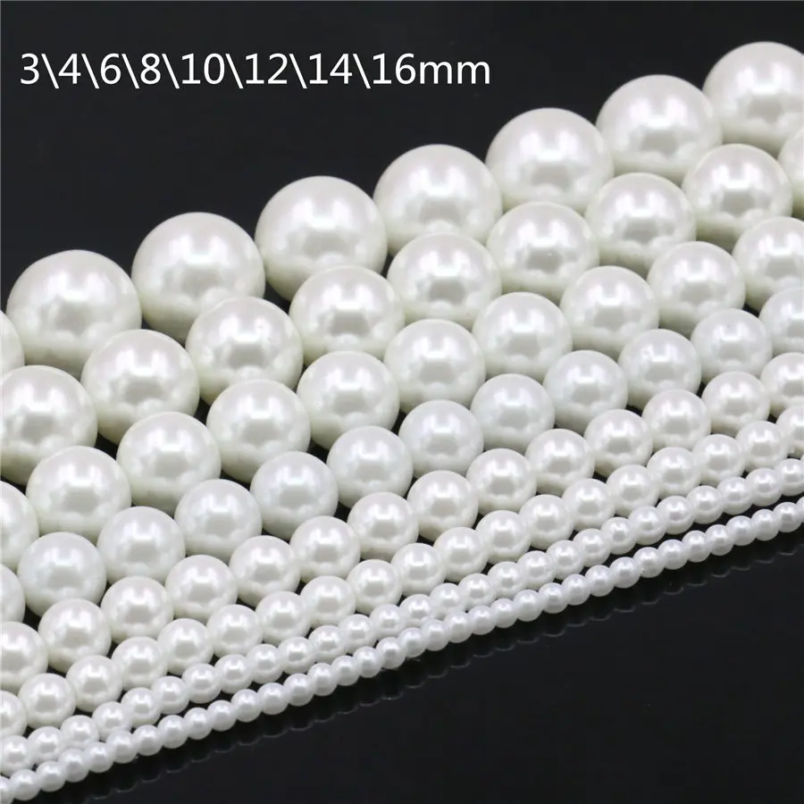 

3 4 6 8 10 12 14 16mm White Round Shell Pearl Beads SeaShell DIY Loose Beads Jewelry Making Design New For Necklace&Bracelet